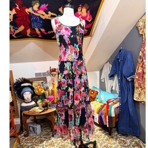Jones Studio Abstract Floral Tiered Maxi Dress Sleeveless Black Pink Sz 8